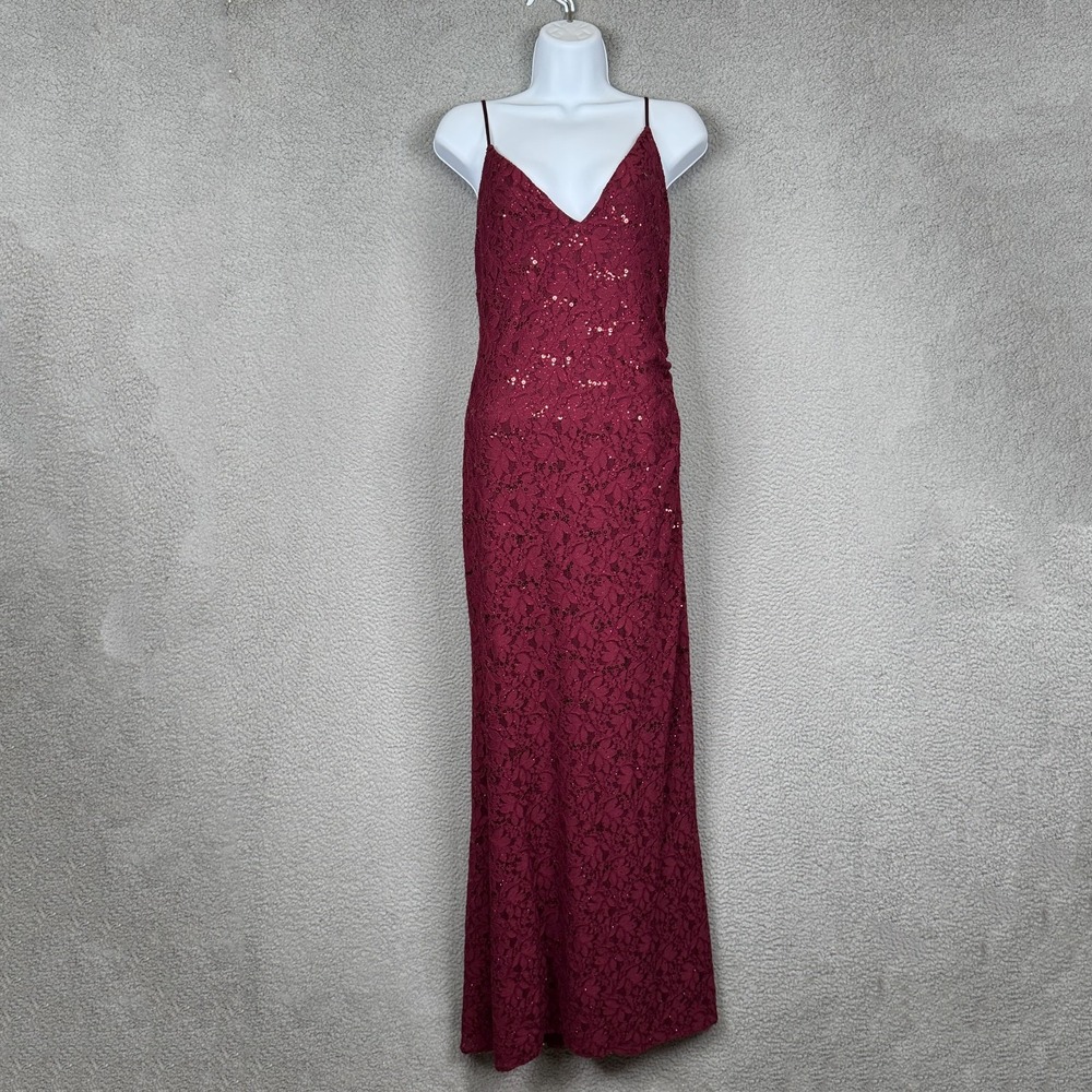 DB Studio Dress Womens 12 Burgundy‎ Lace Sequin Floral Maxi Whimsigoth Vamp Y2K